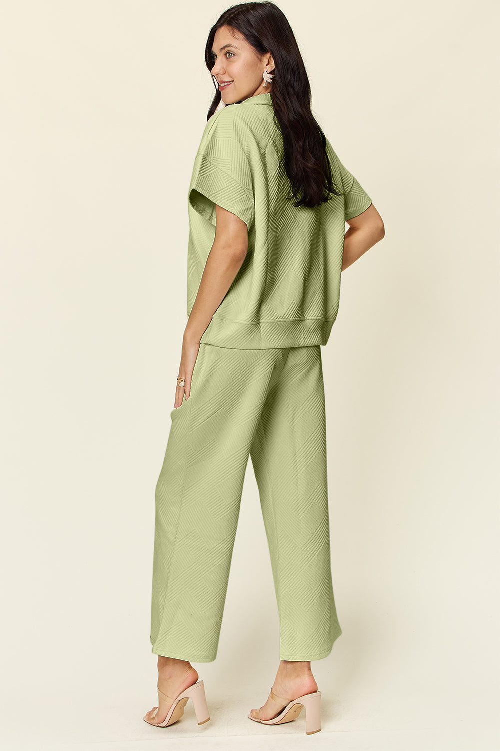 Double Take Full Size Texture Half Zip Short Sleeve Top and Pants Set - The Boutie Shop