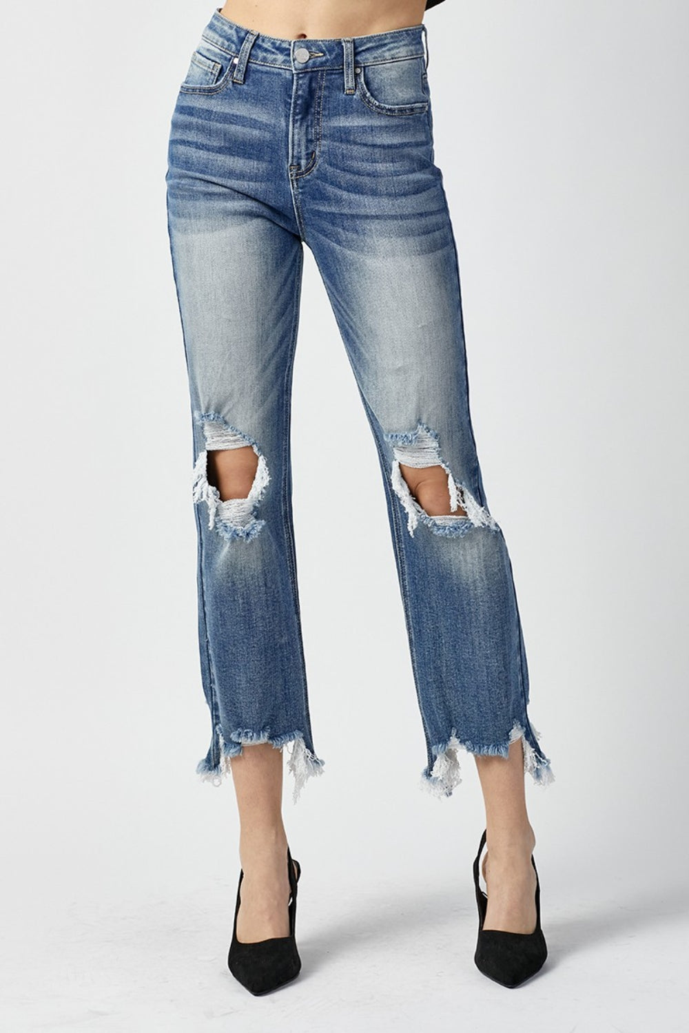 RISEN High Waist Distressed Frayed Hem Cropped Straight Jeans - The Boutie Shop