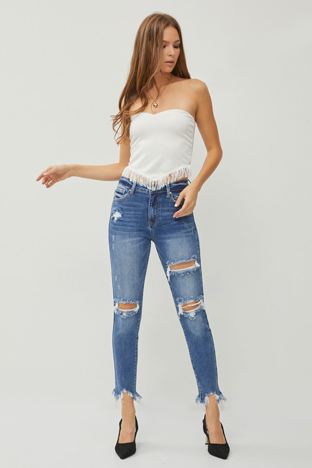 RISEN Distressed Frayed Hem Slim Jeans - The Boutie Shop