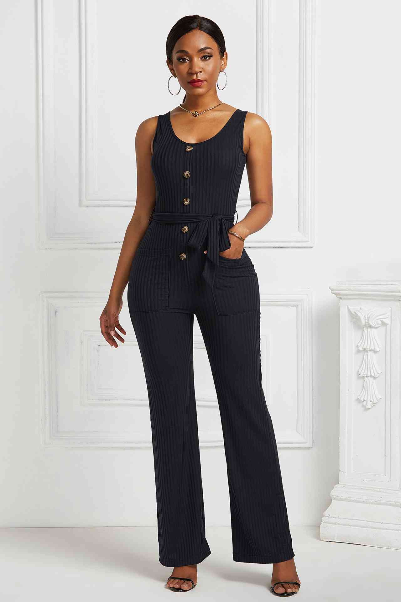 Button Detail Tie Waist Jumpsuit with Pockets - The Boutie Shop