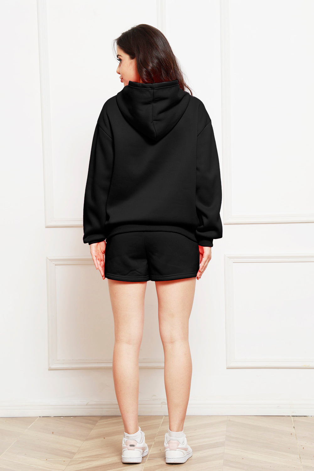 Drop Shoulder Long Sleeve Hoodie and Shorts Set - The Boutie Shop