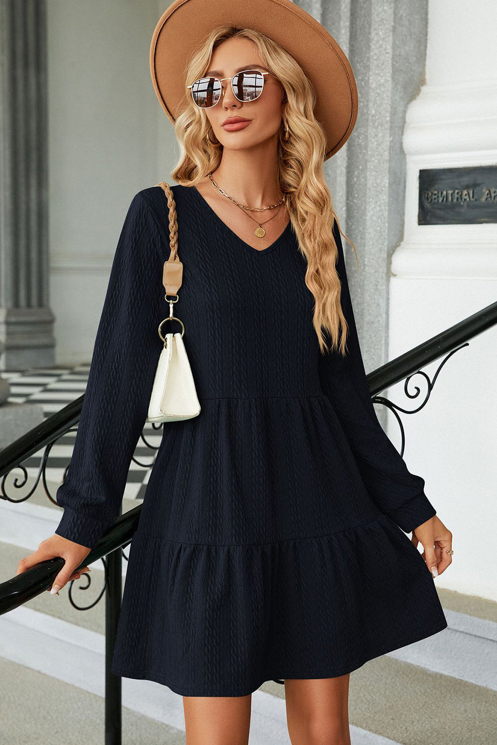 V-Neck Long Sleeve Mini Dress - The Boutie Shop