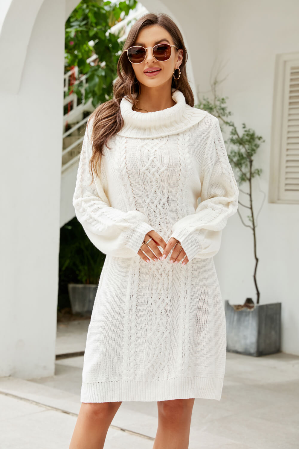 Woven Right Mixed Knit Turtleneck Lantern Sleeve Sweater Dress - The Boutie Shop