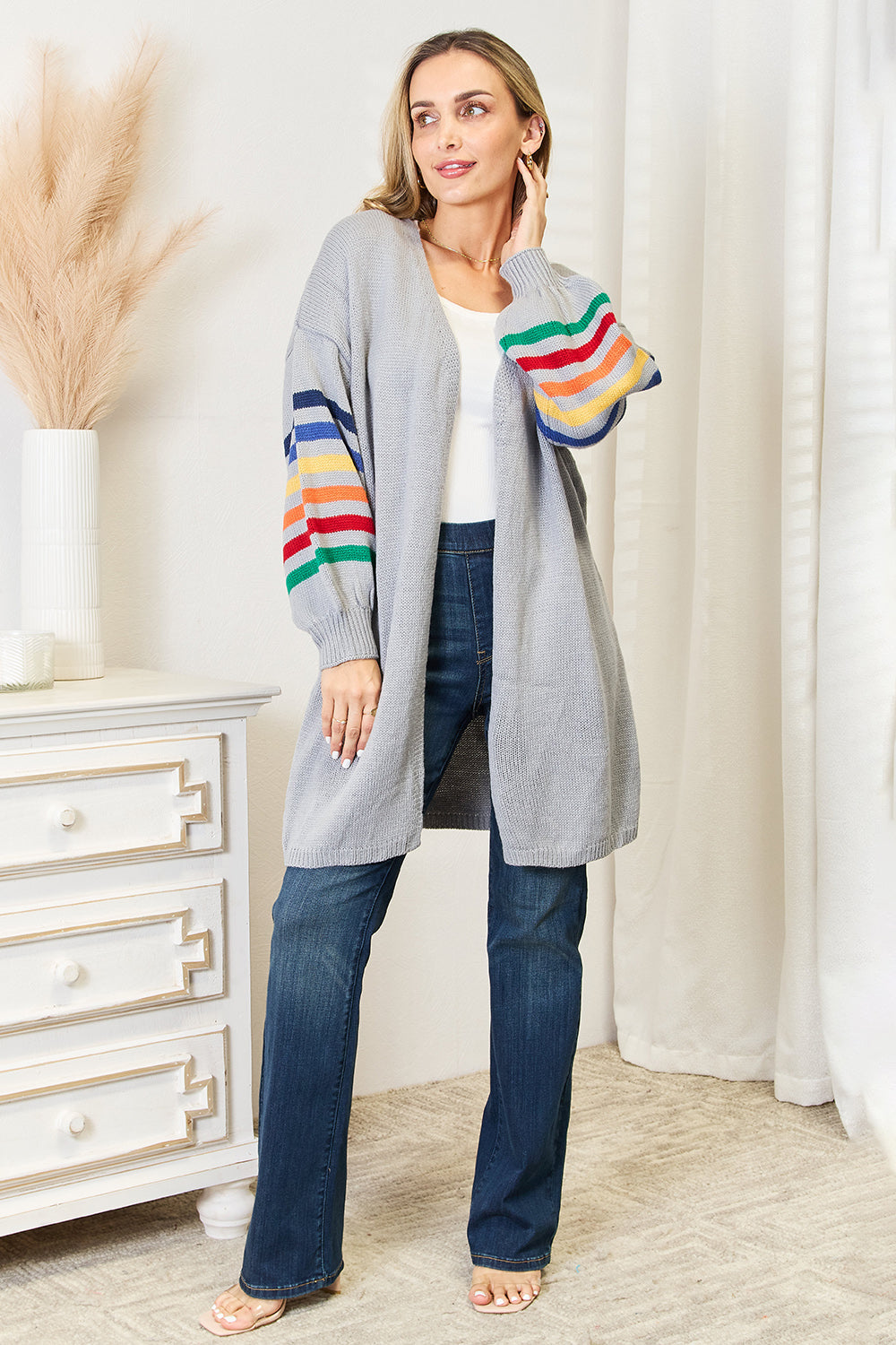 Angel Wings Multicolored Stripe Open Front Longline Cardigan - The Boutie Shop