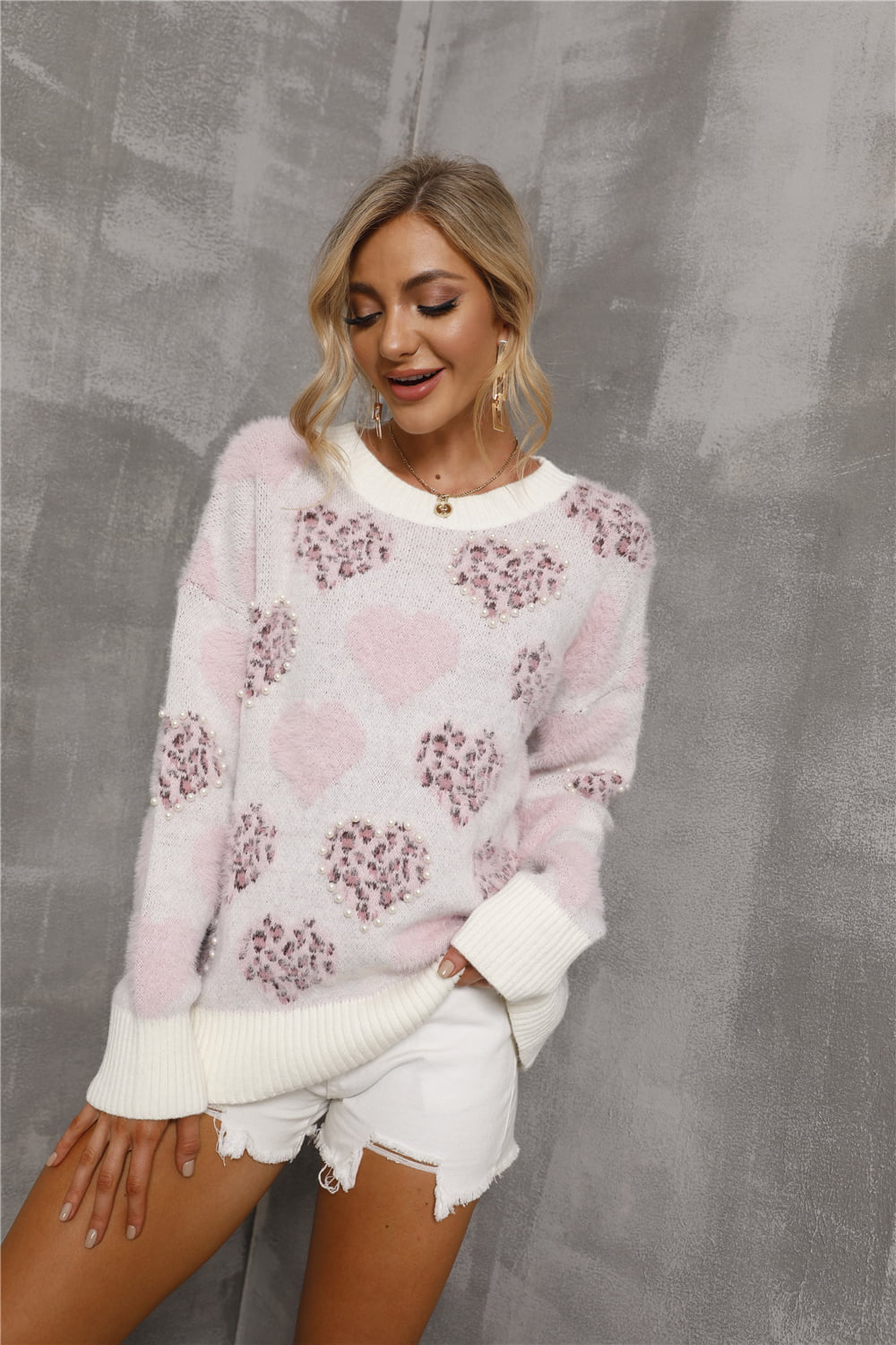 Angel Wings Heart Pattern Round Neck Long Sleeve Sweater - The Boutie Shop