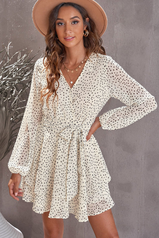 Tied Polka Dot Balloon Sleeve Layered Dress - The Boutie Shop