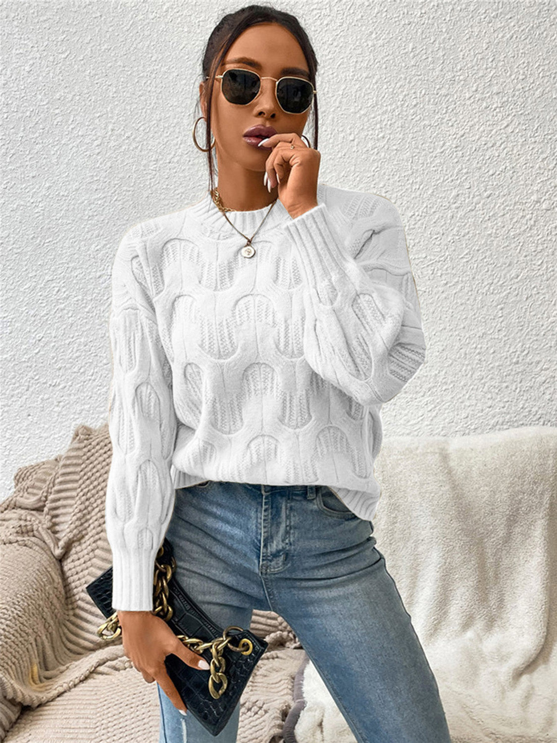 Round Neck Long Sleeve Sweater - The Boutie Shop