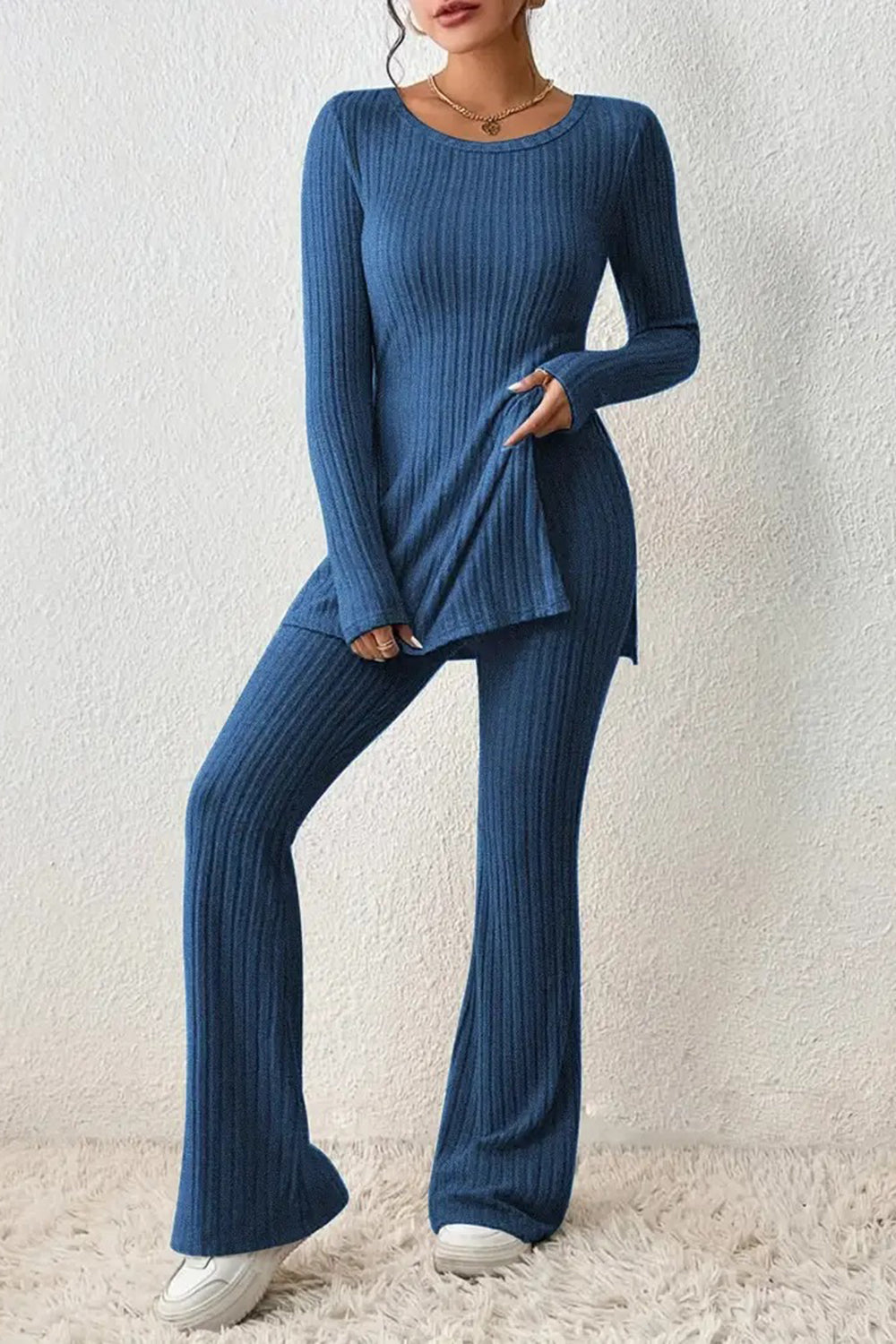 Ribbed Long Sleeve Slit Top and Bootcut Pants Set - The Boutie Shop