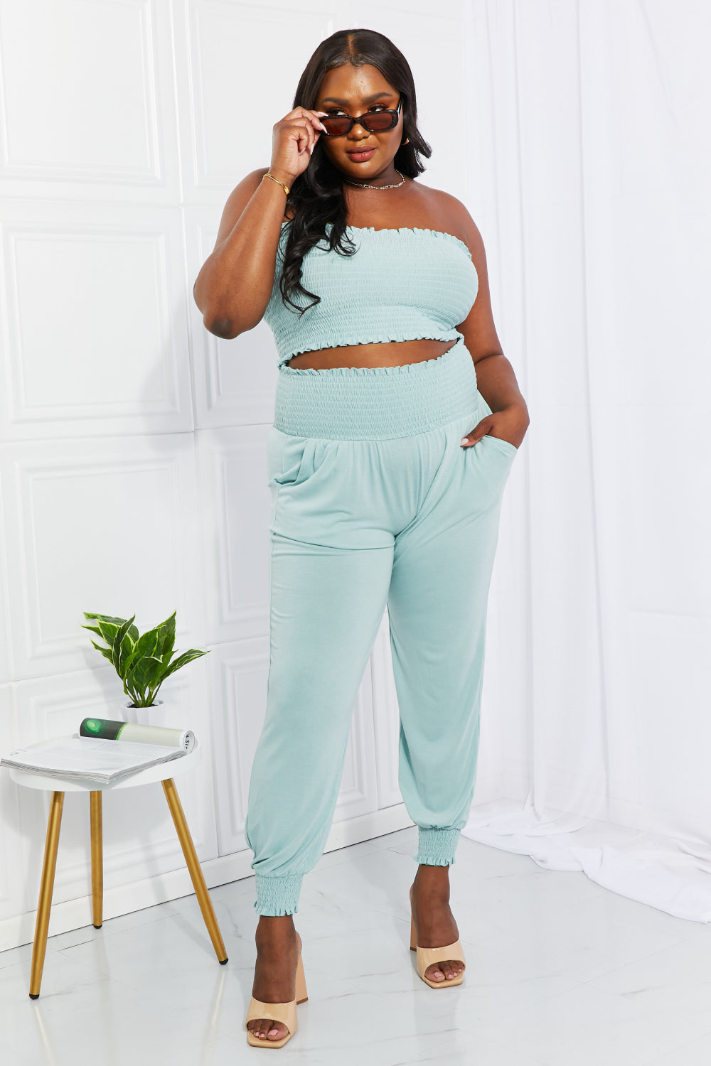 Zenana Full Size Stylish Comfort Smocked Tube Top & Joggers Set - The Boutie Shop