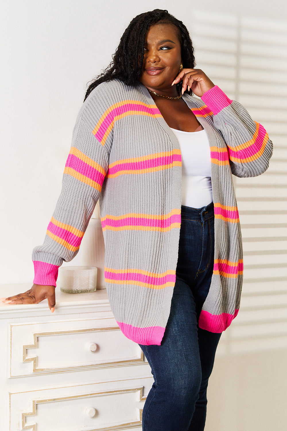 Woven Right Ribbed Long Sleeve Cardigan - The Boutie Shop