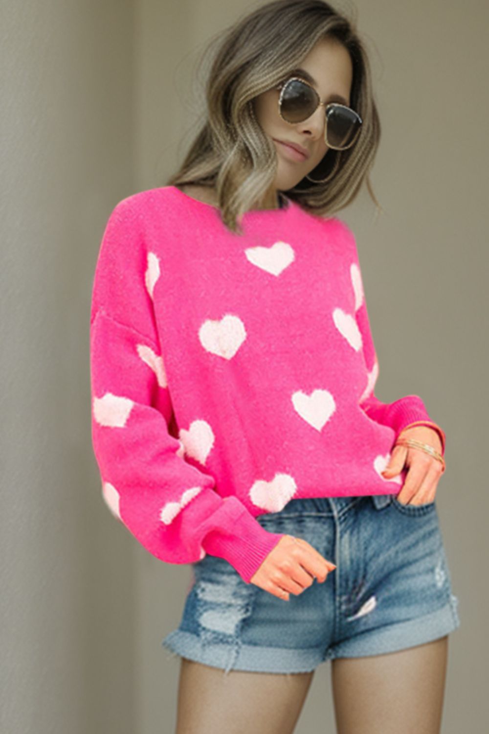 Heart Round Neck Dropped Shoulder Sweater - The Boutie Shop