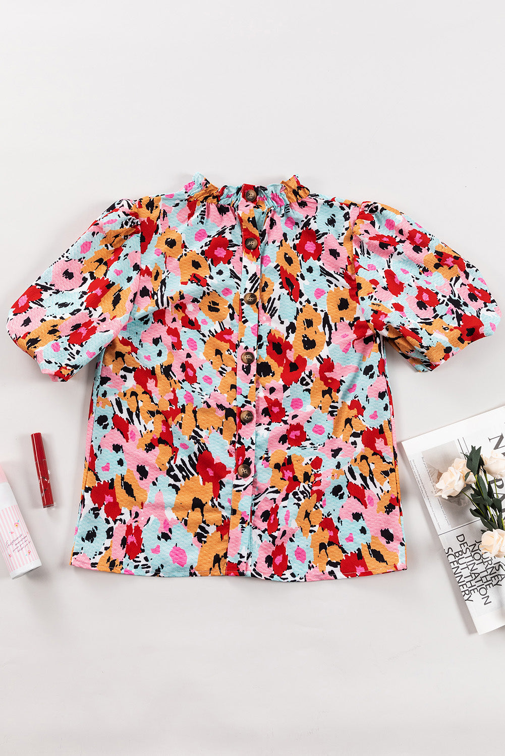 Printed Mock Neck Short Sleeve Blouse - The Boutie Shop