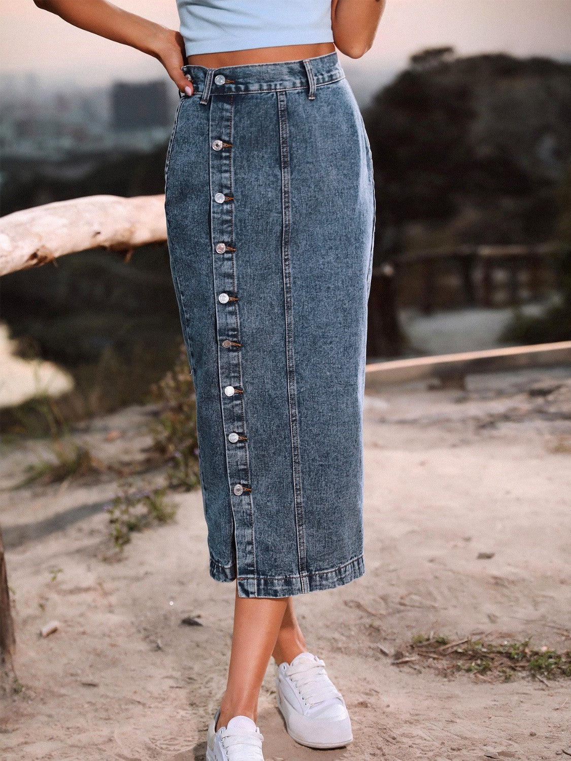 Button Down Denim Skirt - The Boutie Shop