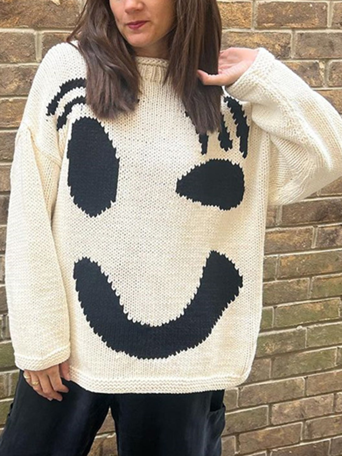 Contrast Drop Shoulder Long Sleeve Sweater - The Boutie Shop