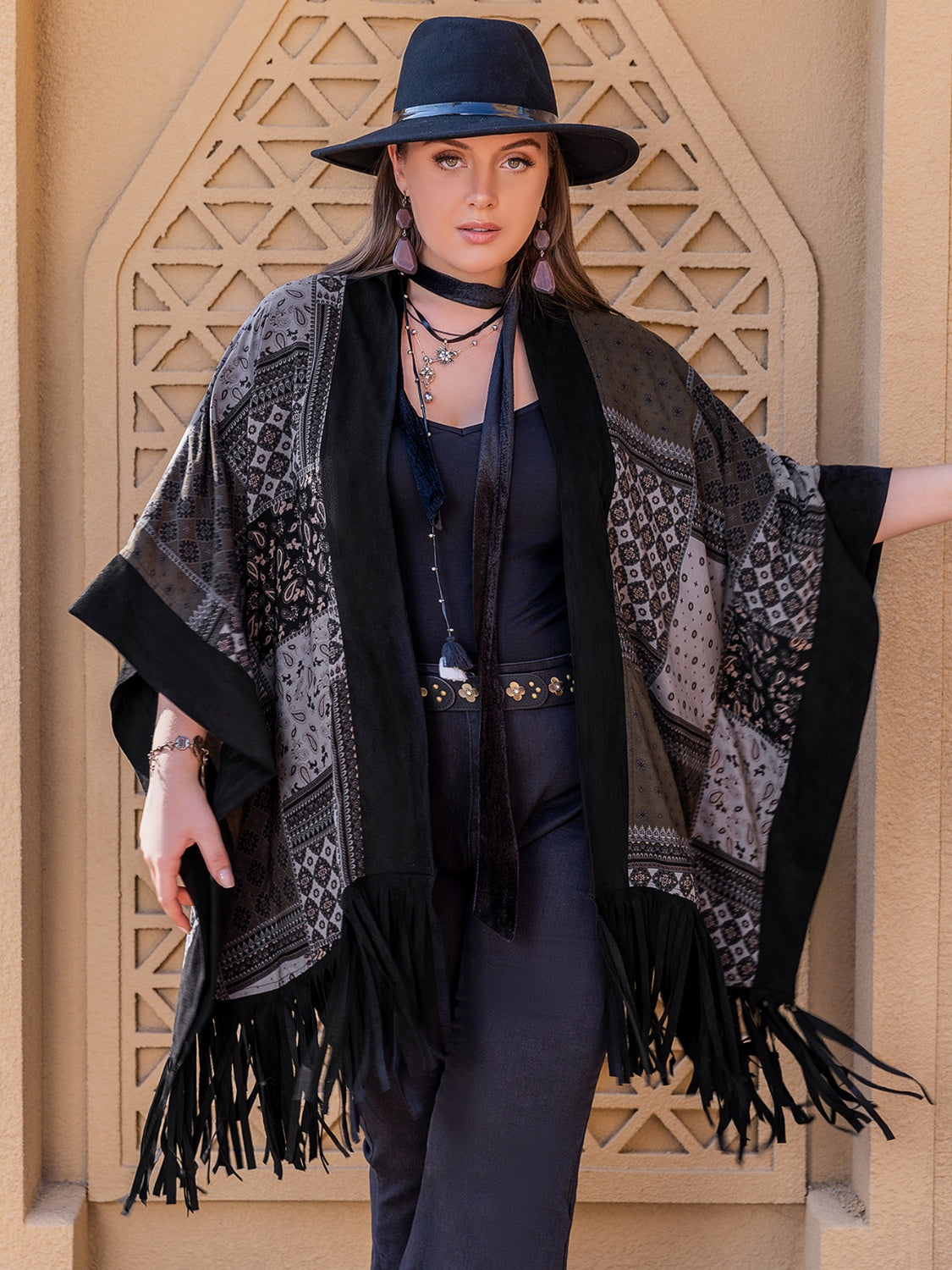 Plus Size Printed Fringe Open Front Outerwear - The Boutie Shop