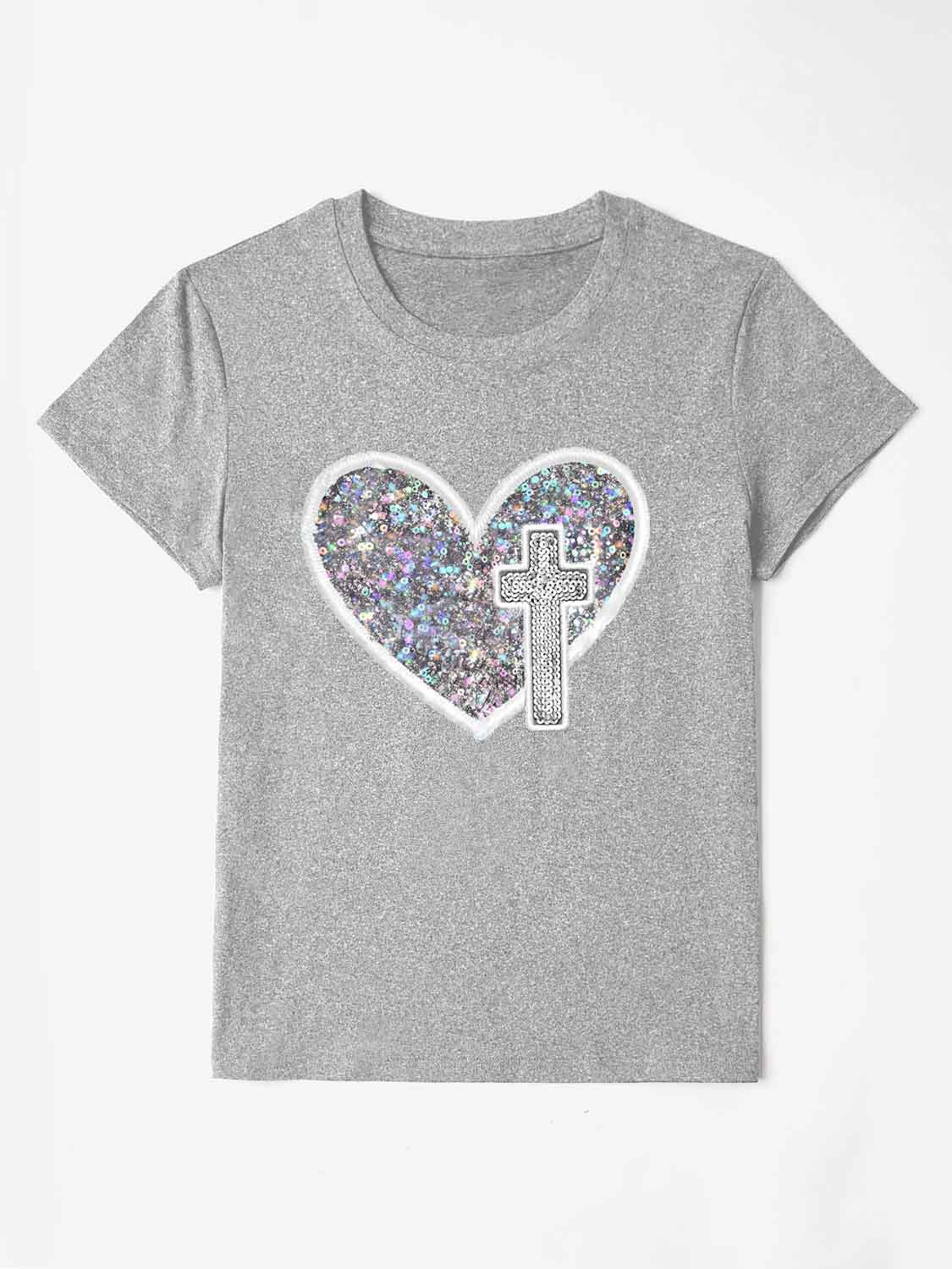 Graphic Heart Round Neck Short Sleeve T-Shirt - The Boutie Shop