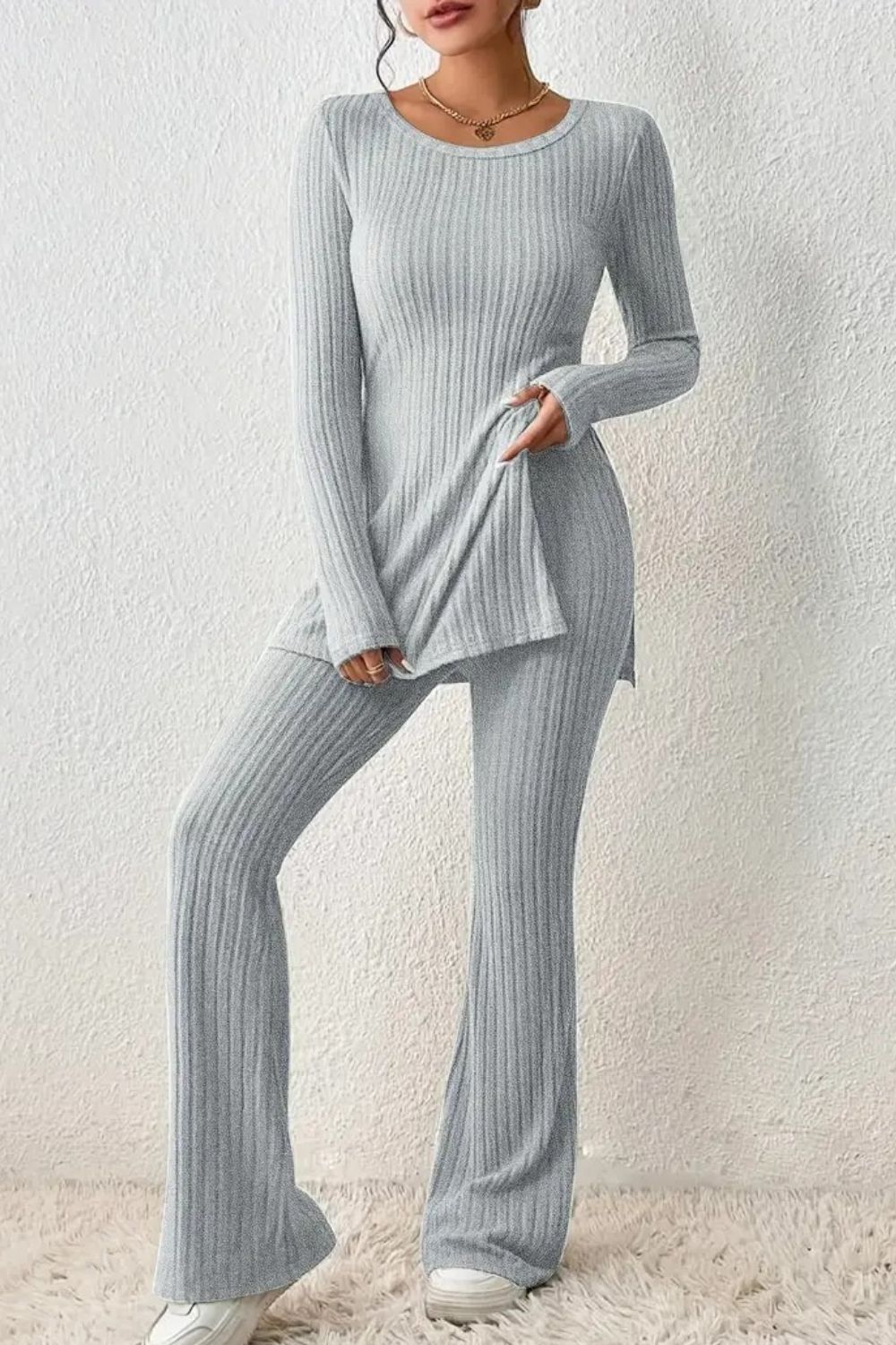 Ribbed Long Sleeve Slit Top and Bootcut Pants Set - The Boutie Shop