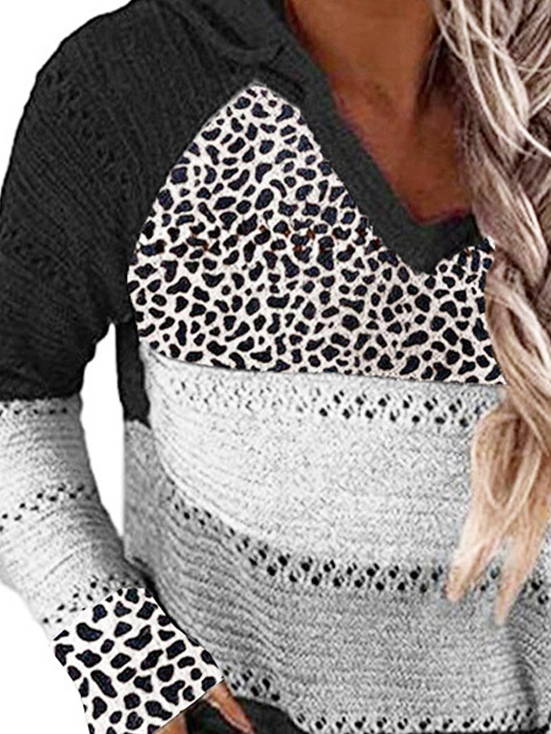 Full Size Openwork Leopard Drawstring Hooded Sweater - The Boutie Shop