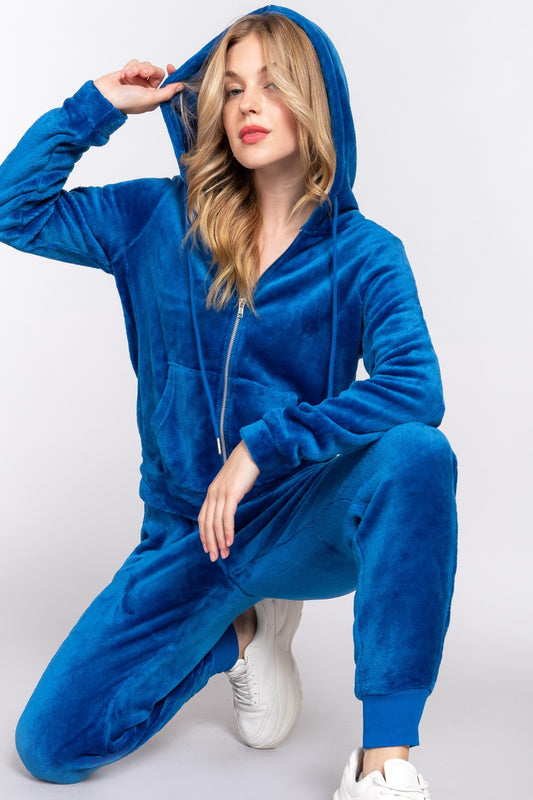 ACTIVE BASIC Faux Fur Zip Up Long Sleeve Hoodie and Joggers Set - The Boutie Shop