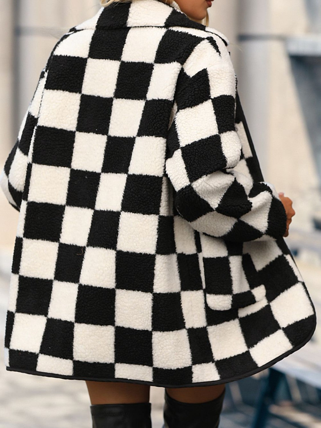 Double Take Full Size Checkered Button Front Coat with Pockets - The Boutie Shop