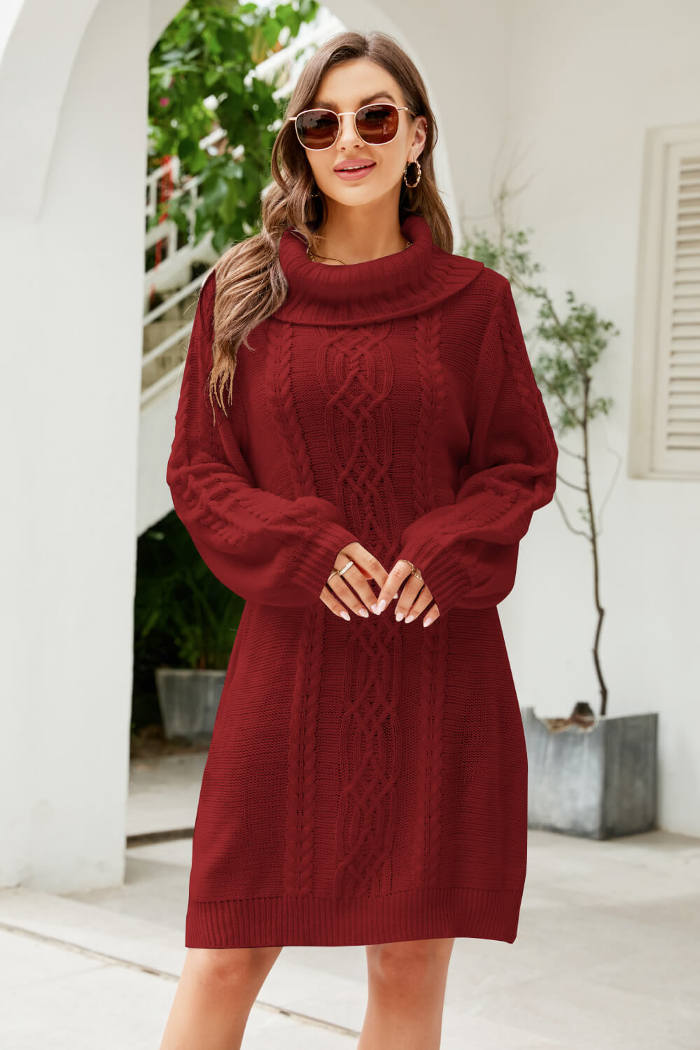 Woven Right Mixed Knit Turtleneck Lantern Sleeve Sweater Dress - The Boutie Shop