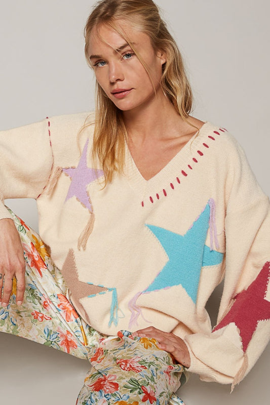 POL V-Neck Long Sleeve Star Fringe Sweater - The Boutie Shop