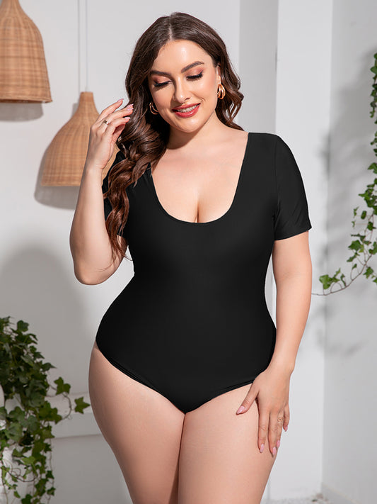 Plus Size Scoop Neck Short Sleeve One-Piece Swimsuit - The Boutie Shop