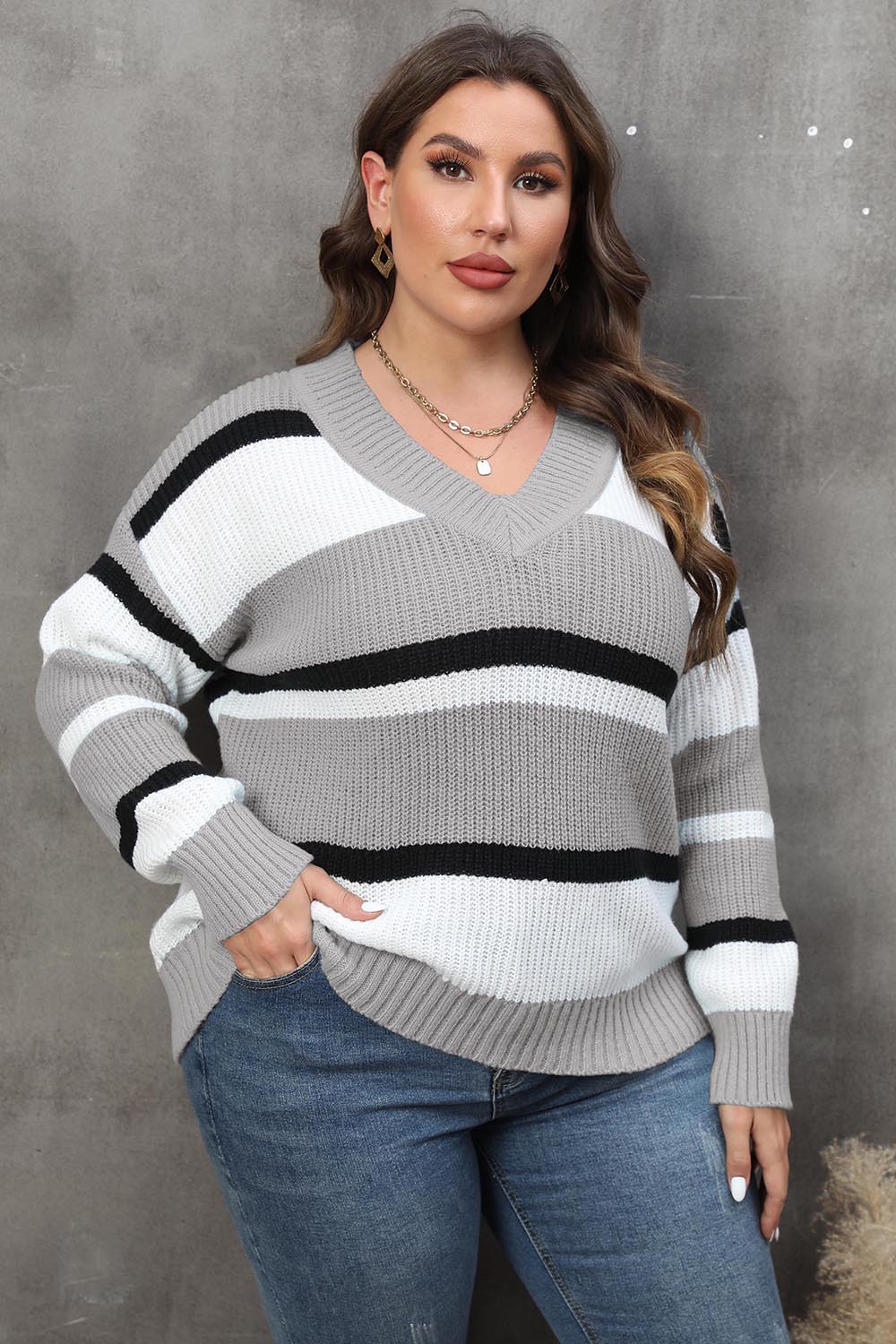 Plus Size Striped V-Neck Dropped Shoulder Sweater - The Boutie Shop