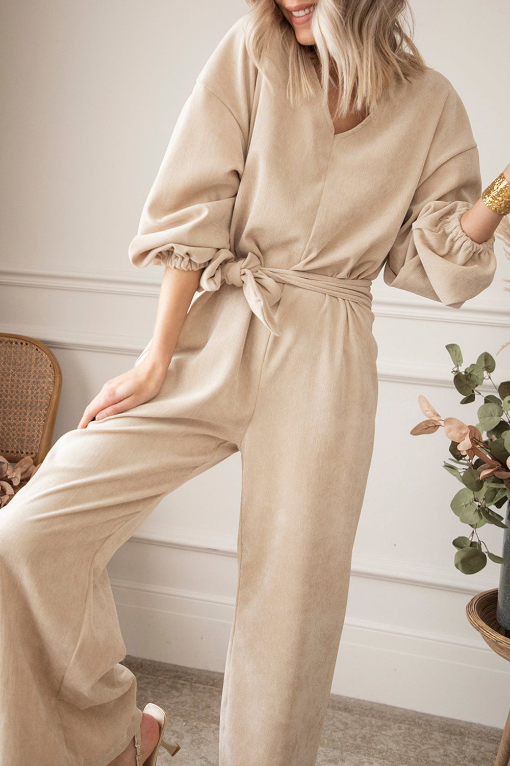 V-Neck Tie Waist Wide Leg Jumpsuit - The Boutie Shop