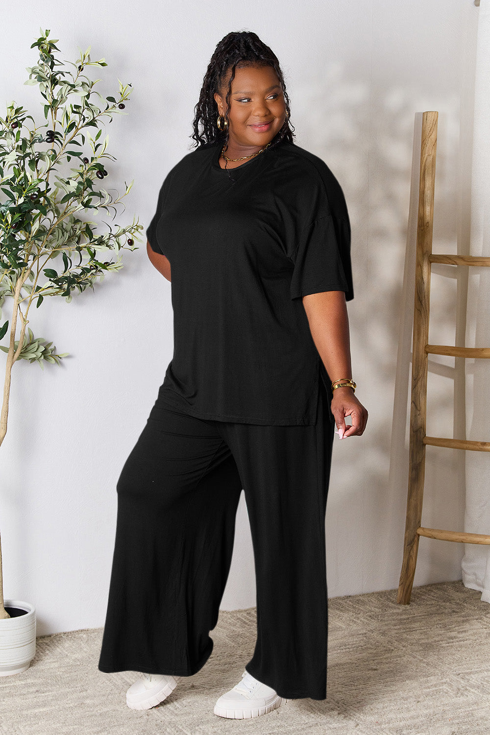 Double Take Full Size Round Neck Slit Top and Pants Set - The Boutie Shop