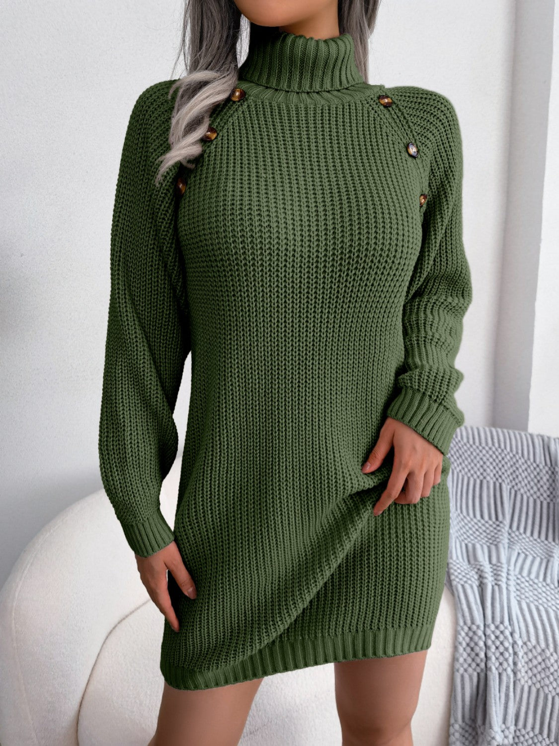 Decorative Button Turtleneck Sweater Dress - The Boutie Shop