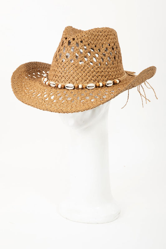 Fame Cowrie Shell Beaded String Straw Hat - The Boutie Shop