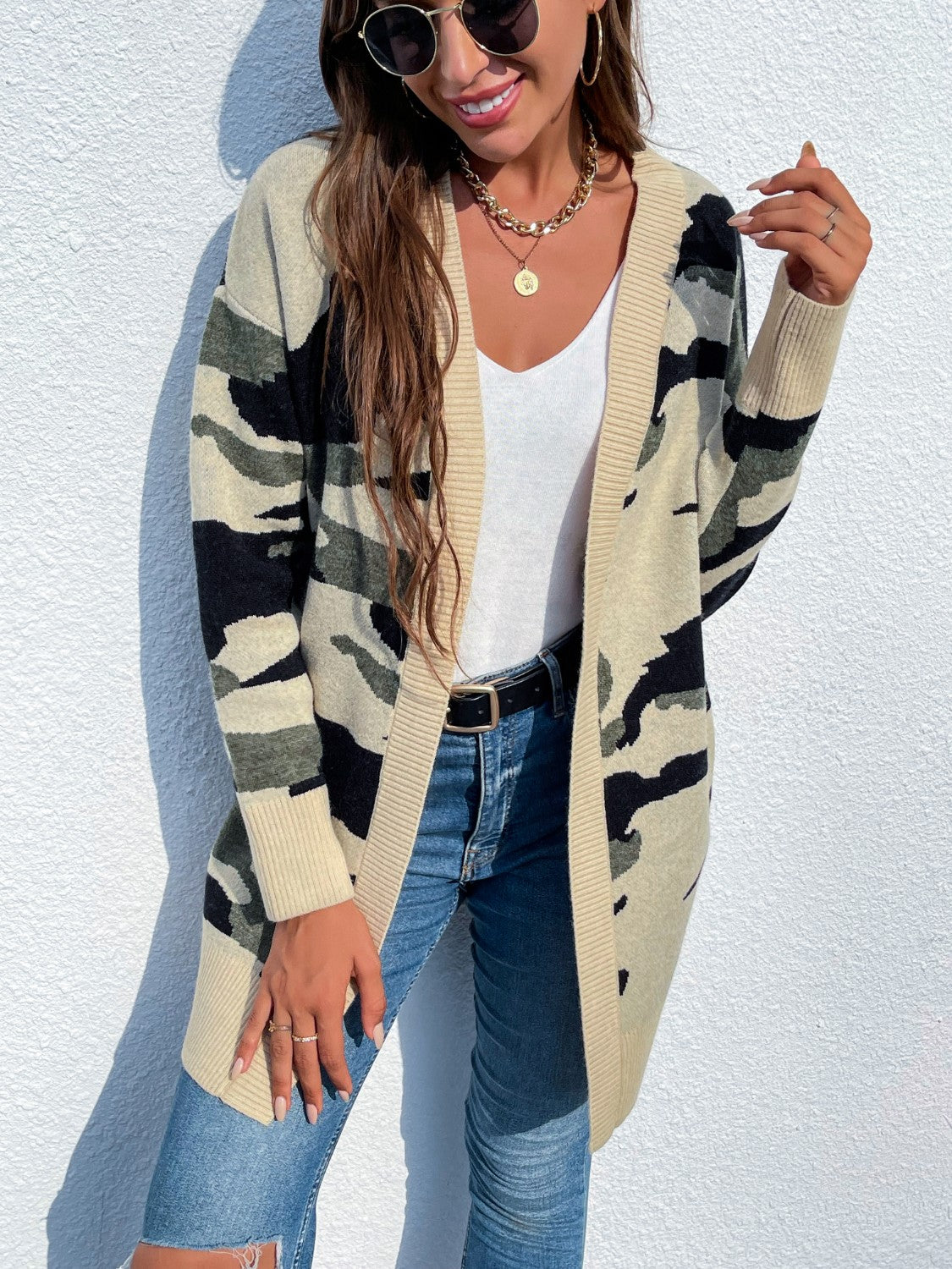 Camouflaged Dropped Shoulder Open Front Cardigan - The Boutie Shop