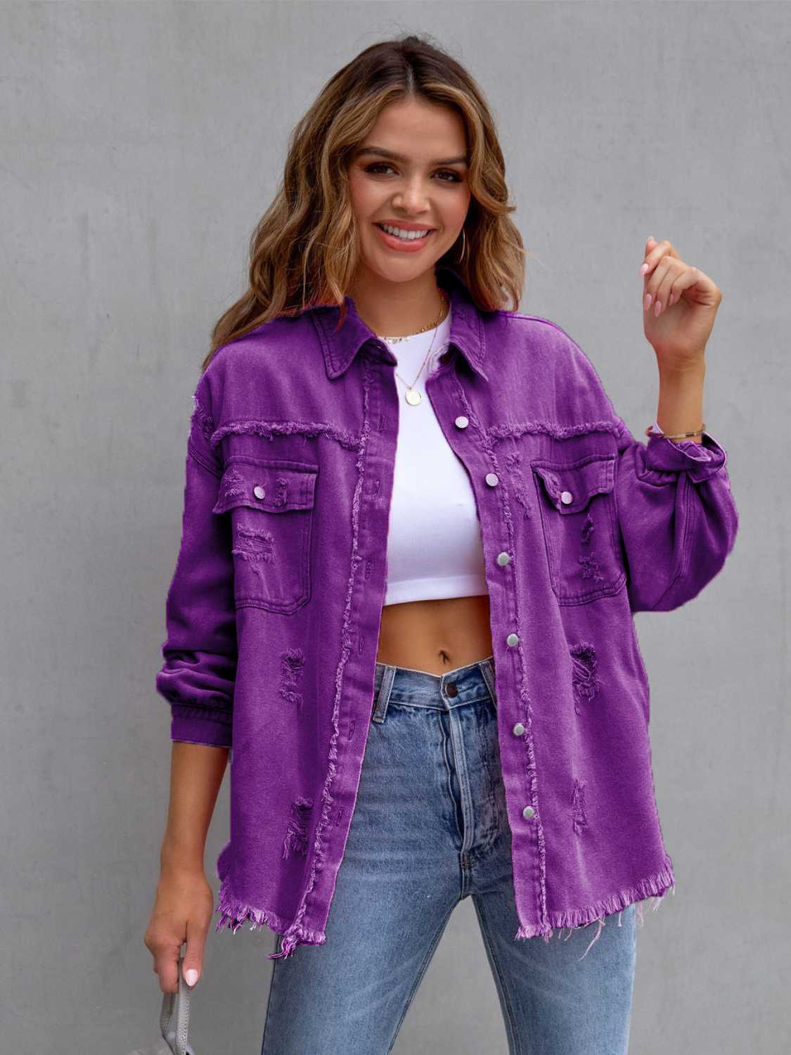 Distressed Drop Shoulder Denim Jacket - The Boutie Shop