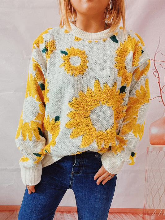 Sunflower Dropped Shoulder Long Sleeve Sweater - The Boutie Shop