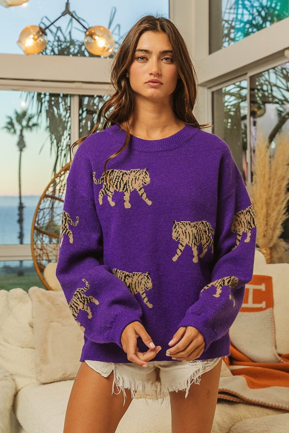 BiBi Tiger Pattern Long Sleeve Sweater - The Boutie Shop