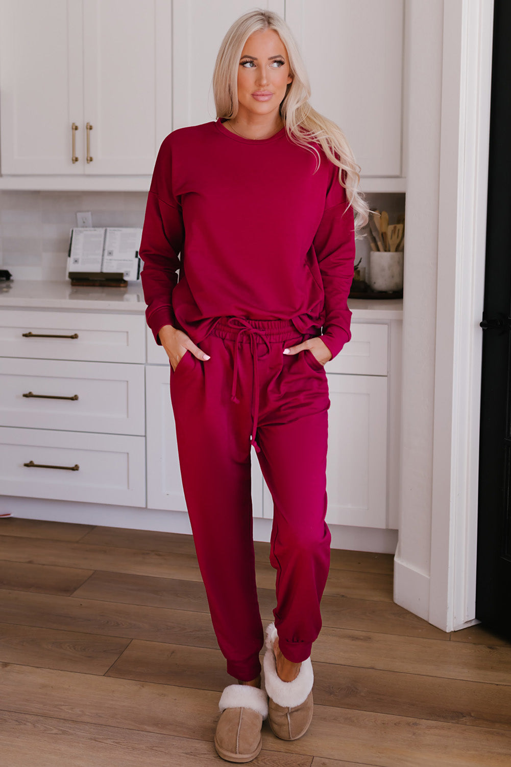 Round Neck Top and Drawstring Pants Lounge Set - The Boutie Shop