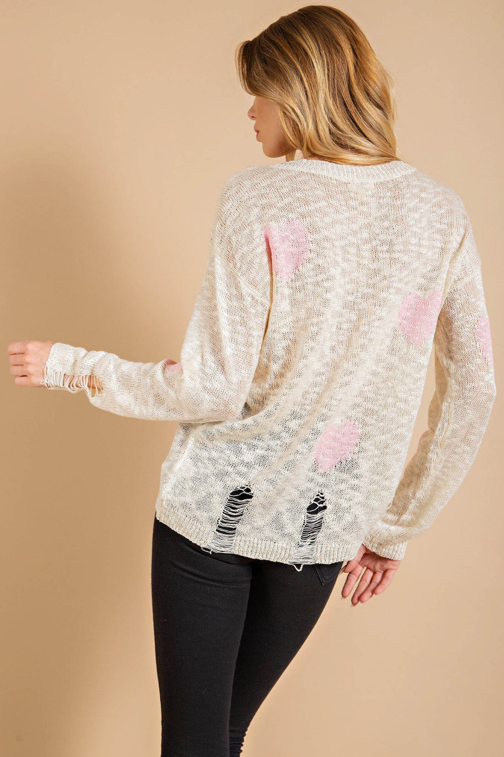 Kori America Heart Pattern Distressed Sweater - The Boutie Shop