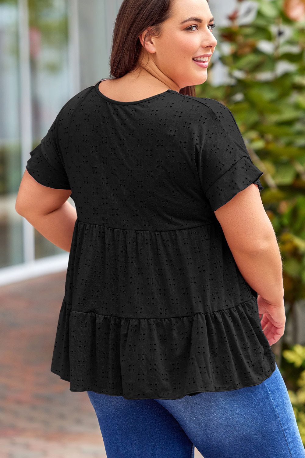 Plus Size Eyelet Round Neck Short Sleeve Blouse - The Boutie Shop