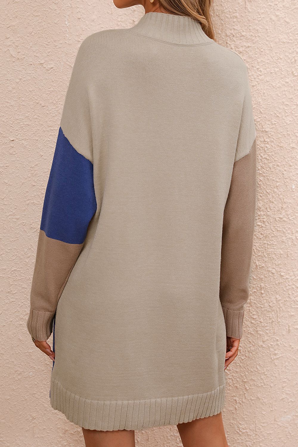 Color Block Mock Neck Dropped Shoulder Sweater Dress - The Boutie Shop