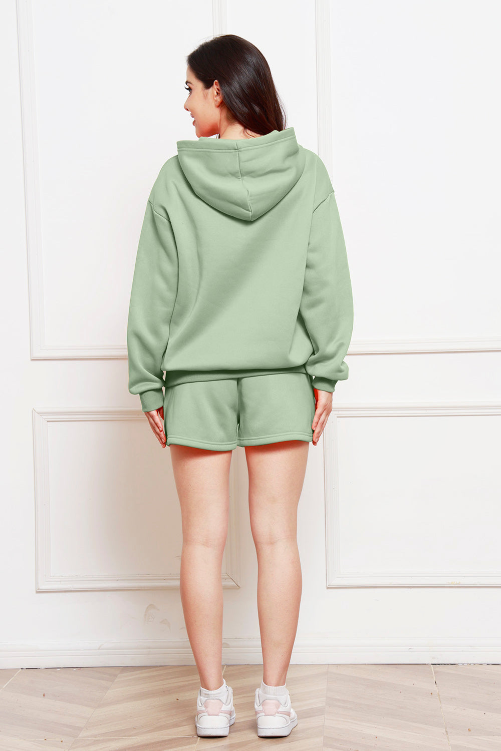 Drop Shoulder Long Sleeve Hoodie and Shorts Set - The Boutie Shop