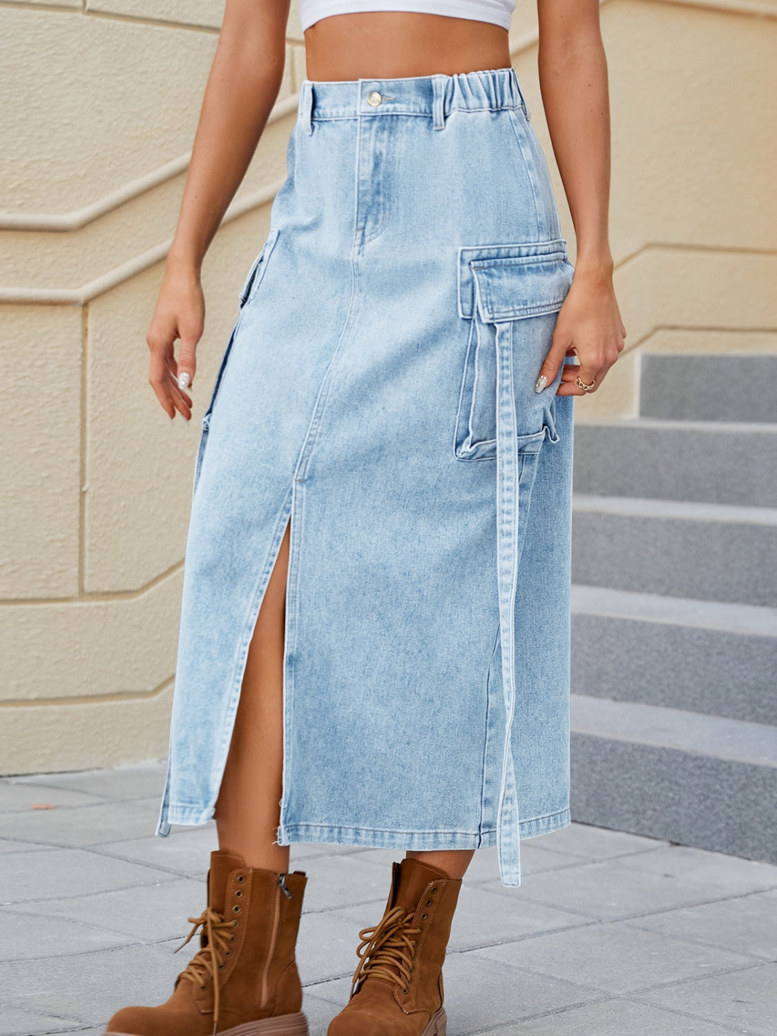 Slit Pocketed High Waist Denim Skirt - The Boutie Shop