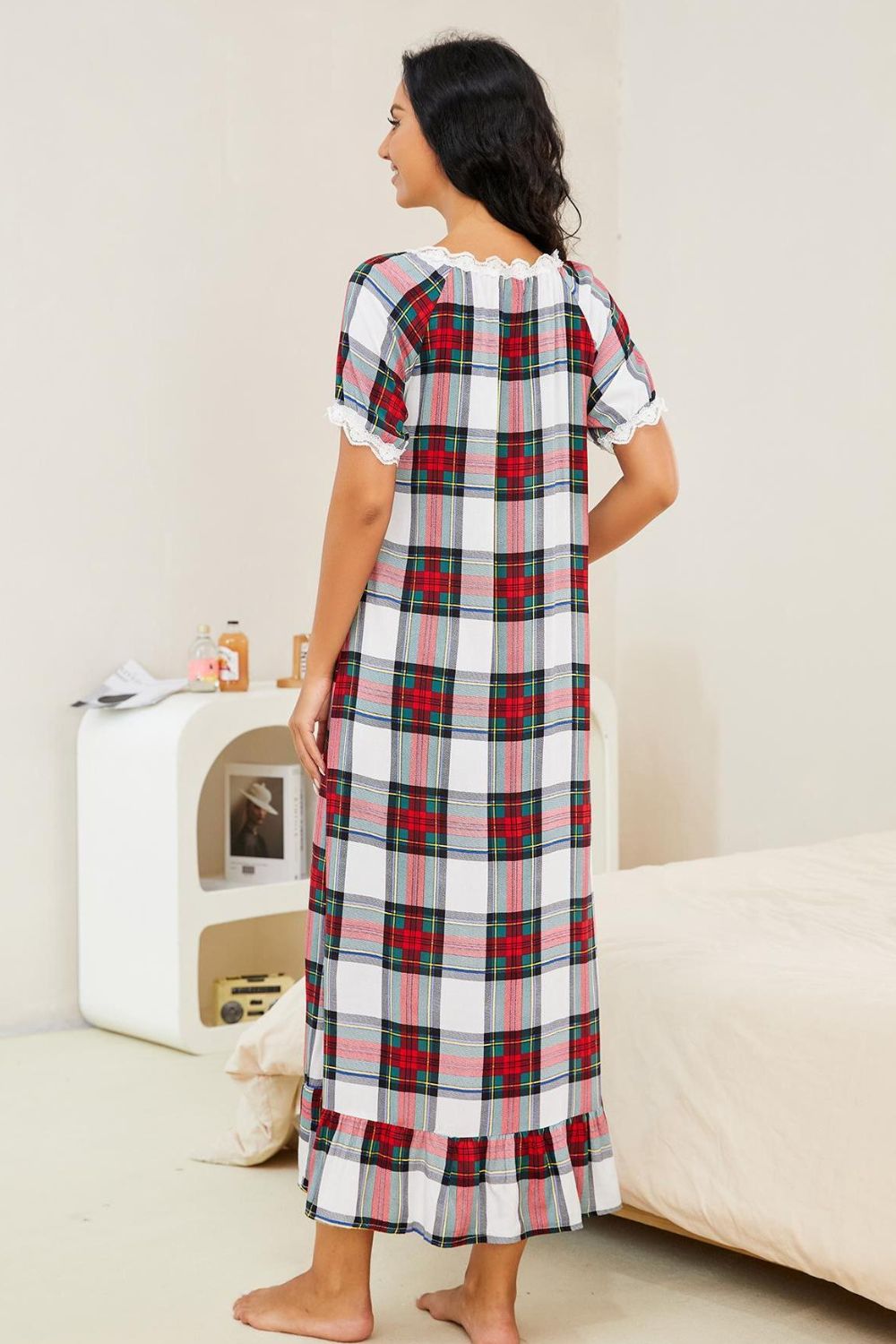 Plaid Lace Trim Ruffle Hem Night Dress - The Boutie Shop