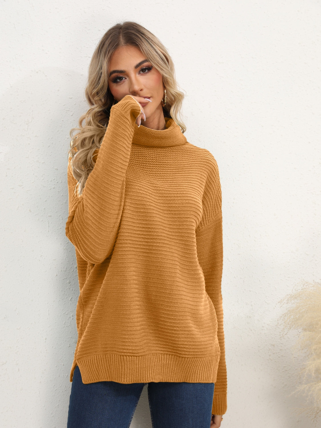 Slit Turtleneck Dropped Shoulder Sweater - The Boutie Shop
