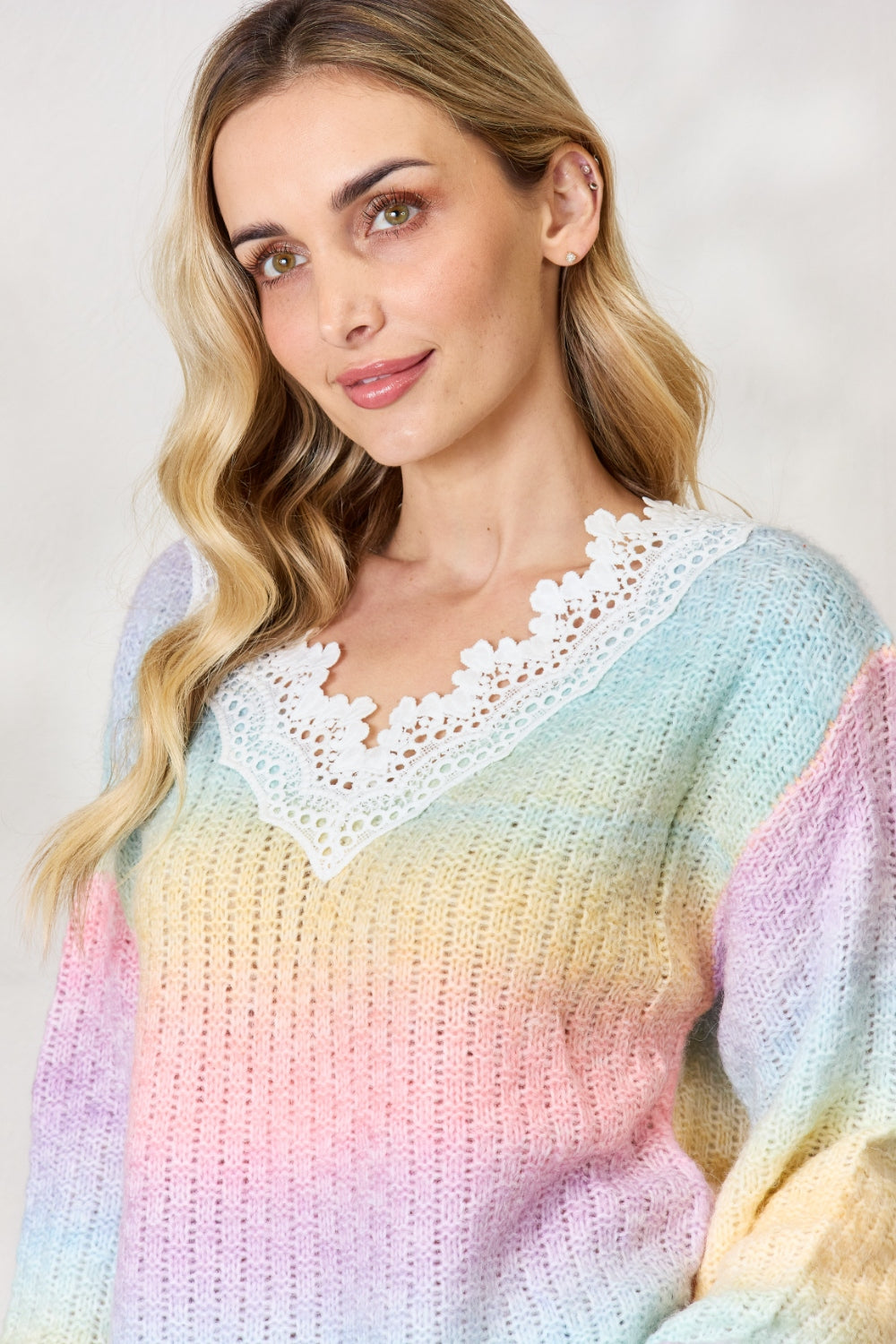 BiBi Rainbow Gradient Crochet Deetail Sweater - The Boutie Shop