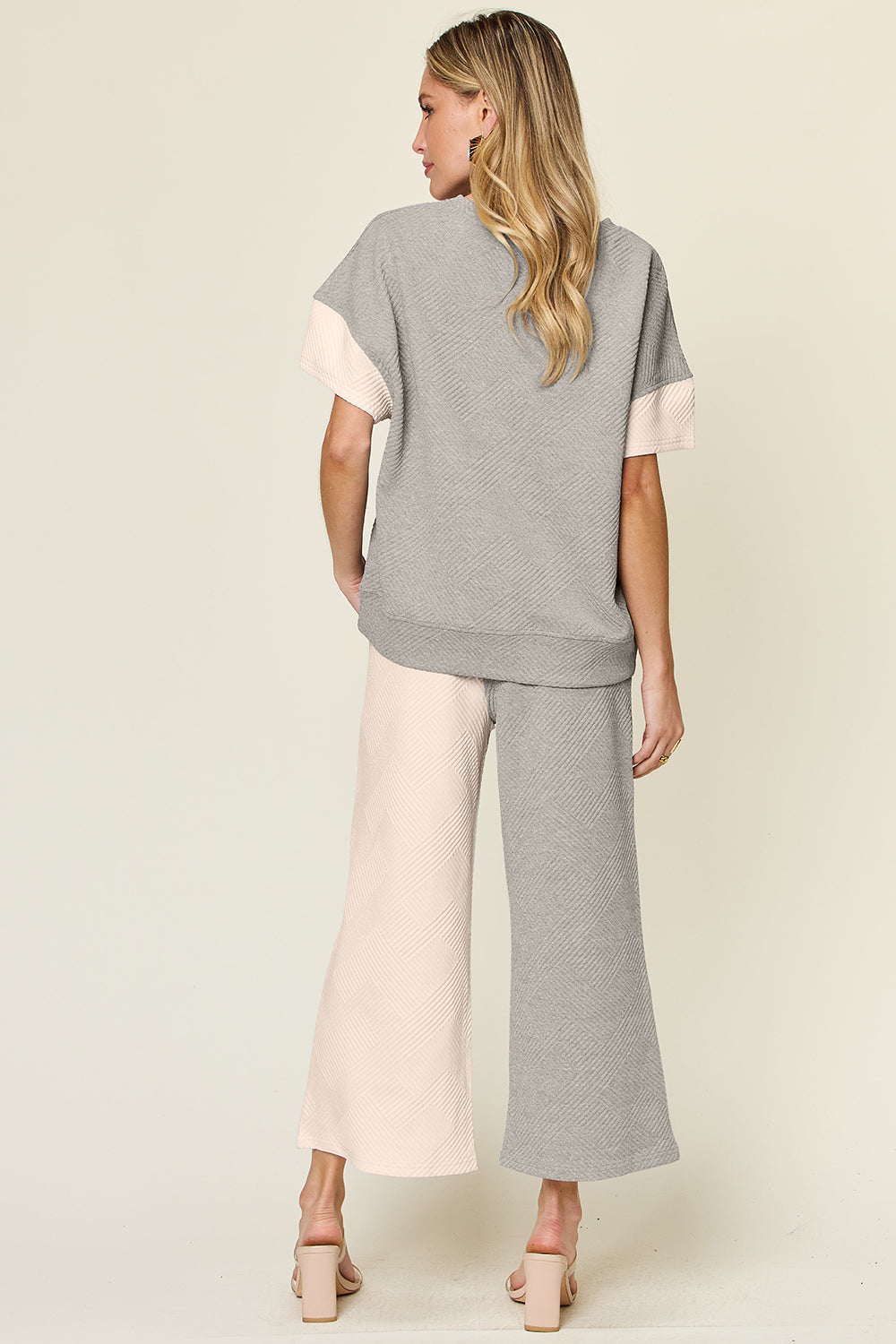 Double Take Full Size Texture Contrast T-Shirt and Wide Leg Pants Set - The Boutie Shop