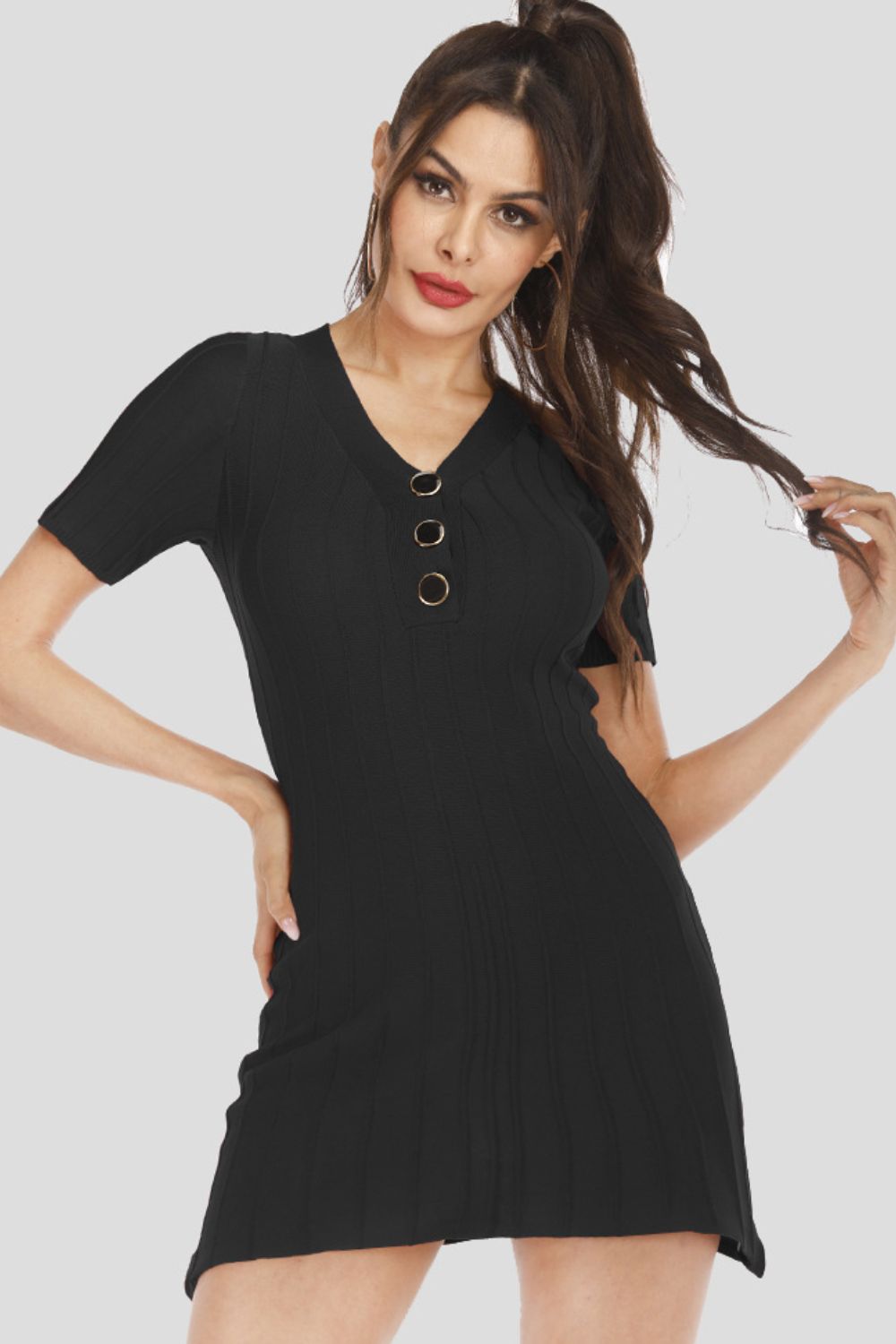 Buttoned Short Sleeve V-Neck Knit Dress - The Boutie Shop