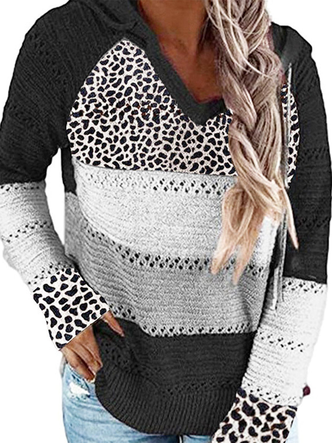 Full Size Openwork Leopard Drawstring Hooded Sweater - The Boutie Shop