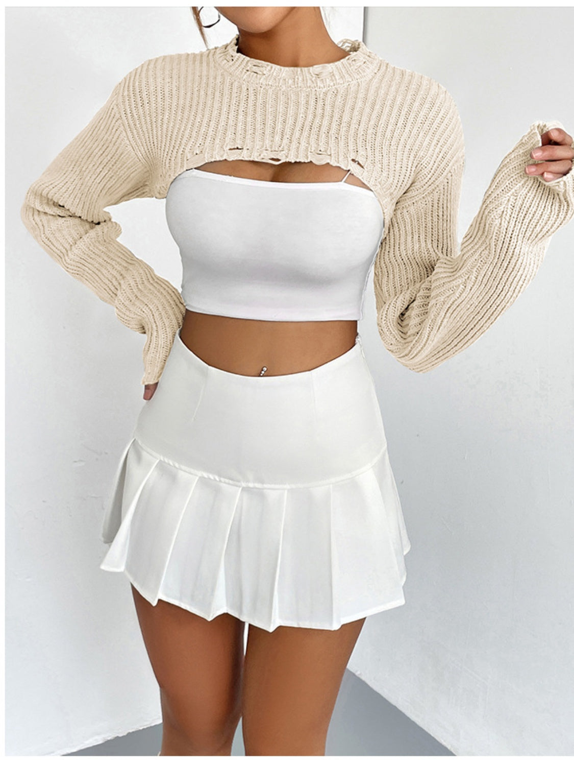 Distressed Long Sleeve Cropped Sweater - The Boutie Shop