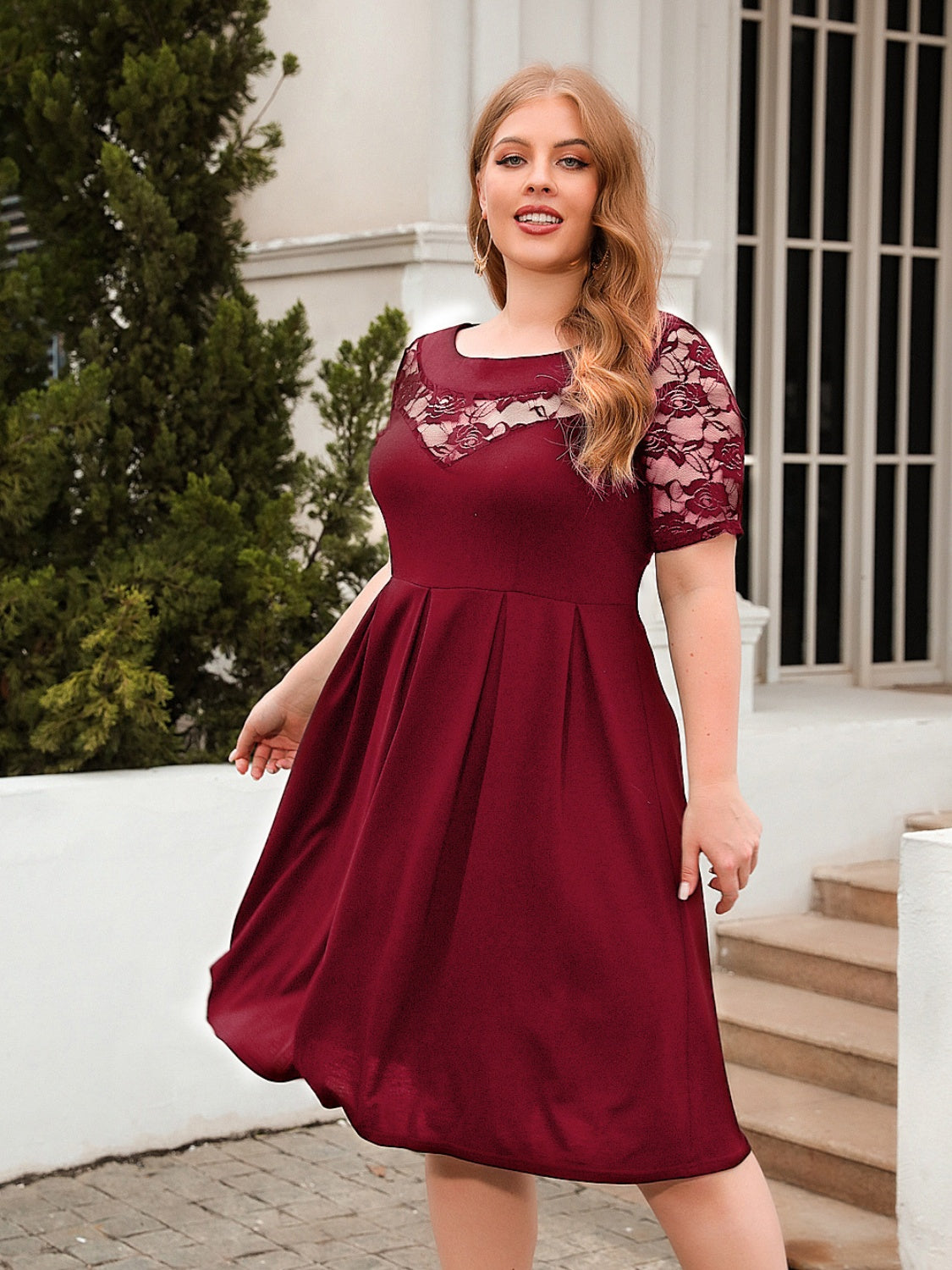 Plus Size Ruched Round Neck Short Sleeve Dress - The Boutie Shop